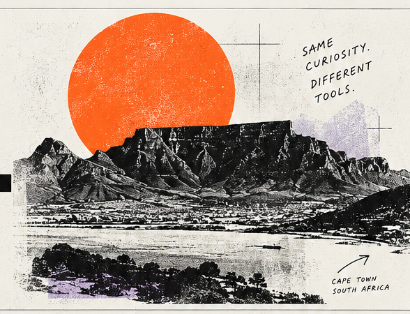 Collage-style Cape Town mountain illustration with an orange sun